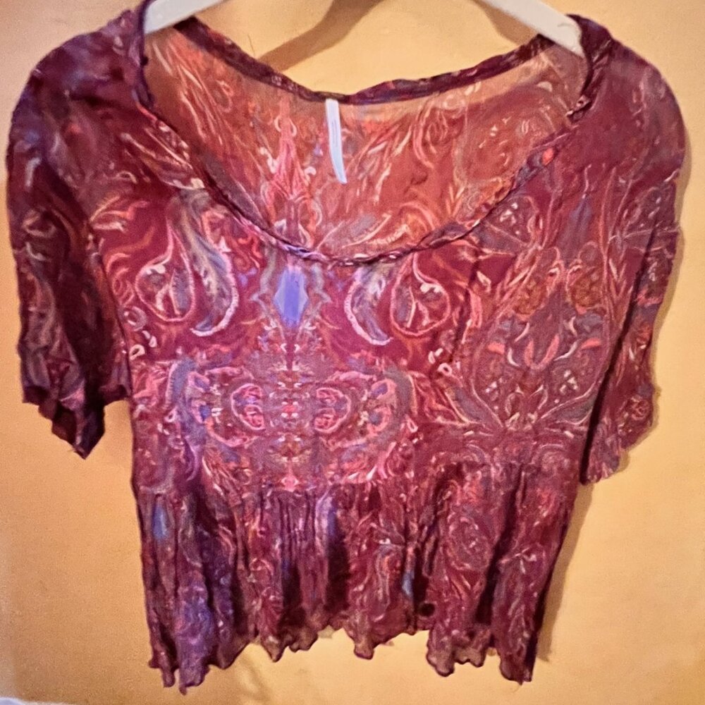 Free People Burgundy Paisley Feminine Boho Lightweight Gauze Shirt